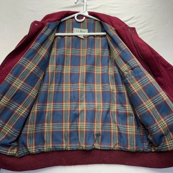Vintage 80s LL Bean Plaid Lined Wool Bomber Jacket Coat Mens Size Large Red READ - Picture 3 of 16